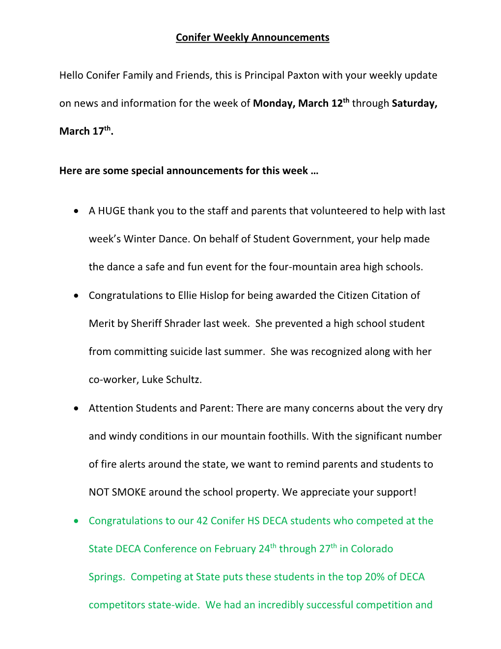 Conifer Weekly Announcements Hello Conifer