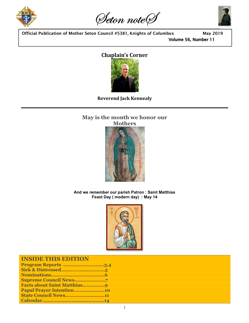 Seton Notes Official Publication of Mother Seton Council #5381, Knights of Columbus May 2019
