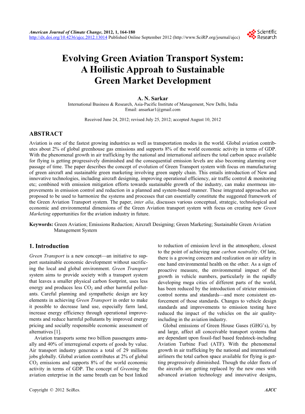 Evolving Green Aviation Transport System: a Hoilistic Approah to Sustainable Green Market Development