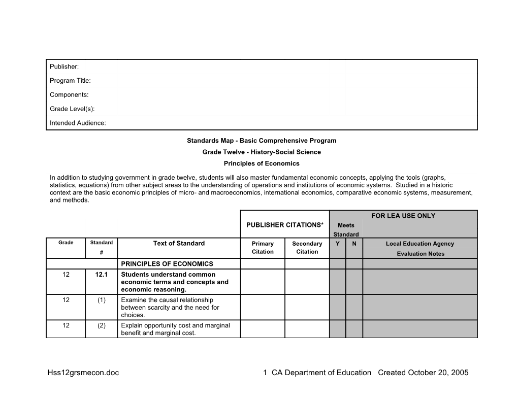 HSS Economics Standards Map Grade 12 - Instructional Resources (CA Dept Of Education)