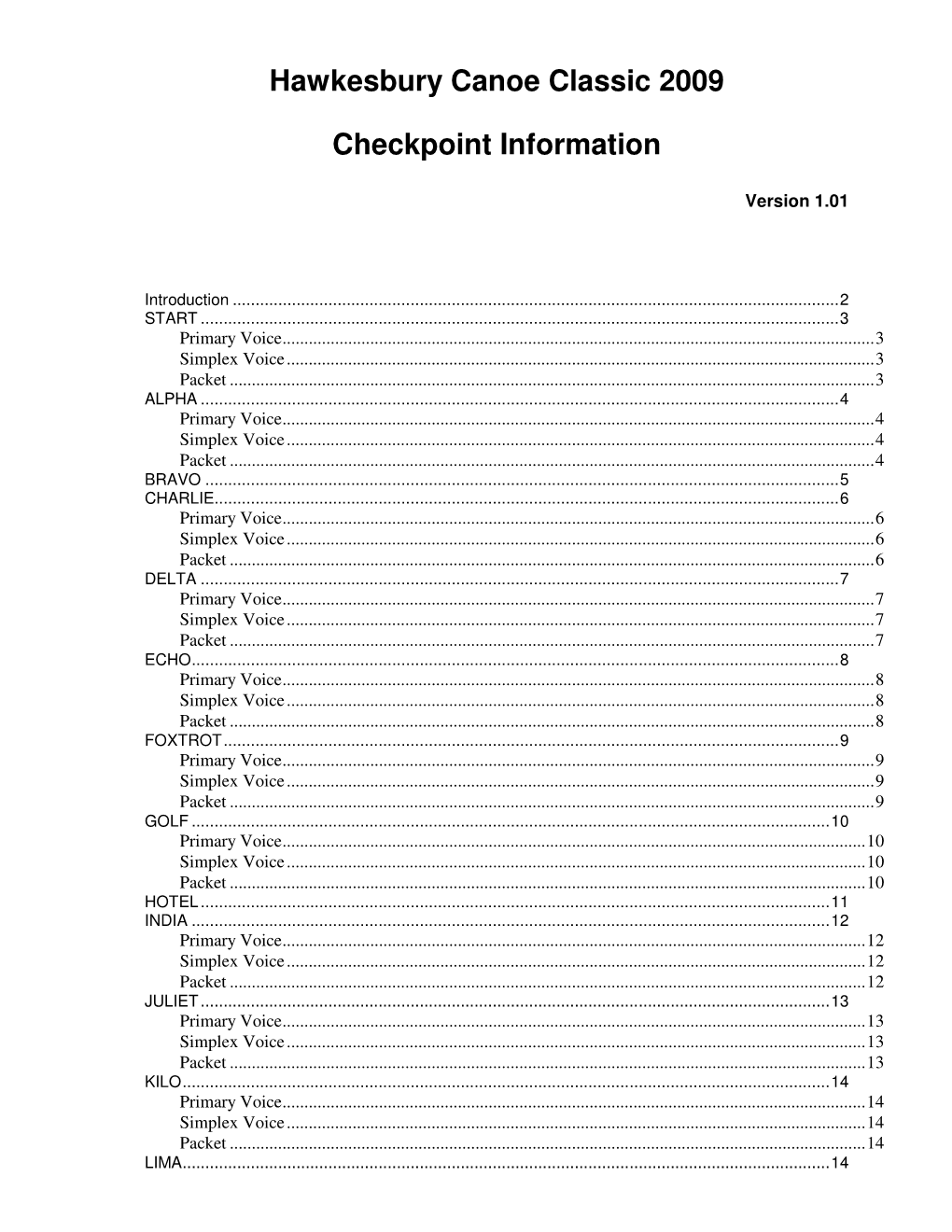 Hawkesbury Canoe Classic 2009 Checkpoint Information