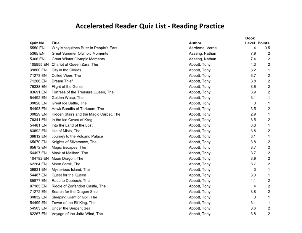 Accelerated Reader Quiz List - Reading Practice