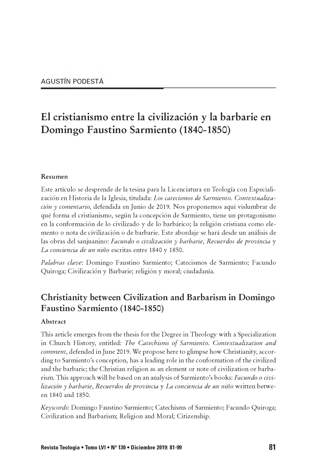 El Cristianismo Entre La Civilización Y La Barbarie En Domingo Faustino Sarmiento (1840-1850)