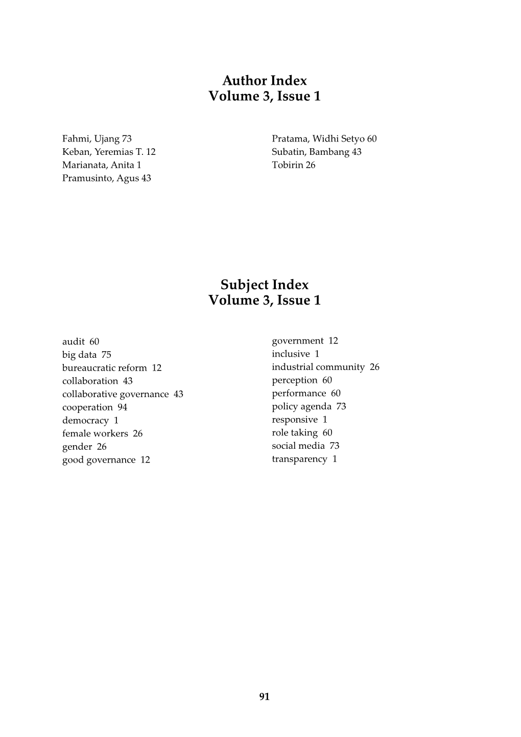 Subject Index Volume 3, Issue 1 Author