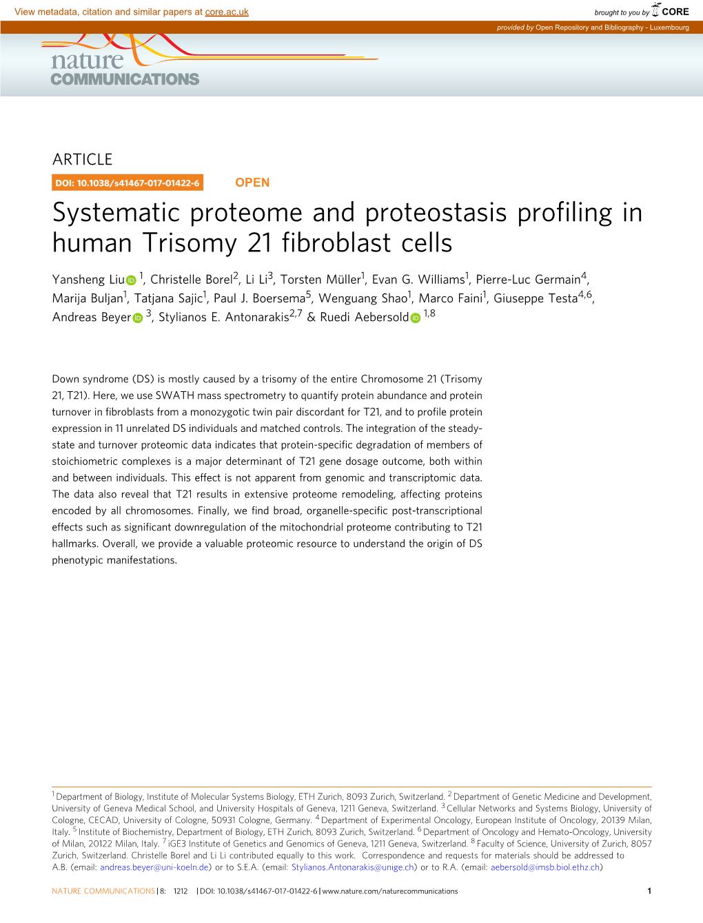 Systematic Proteome and Proteostasis Profiling in Human Trisomy