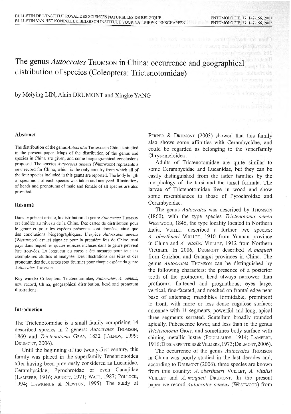 The Genus Autocrates THOMSON in China: Occurrence and Geographical Distribution of Species (Coleoptera: Trictenotomidae)