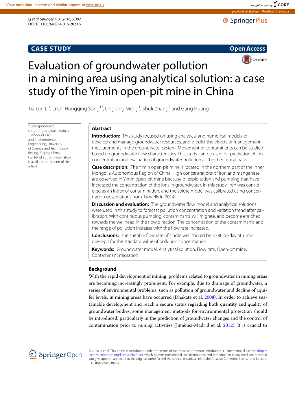 Evaluation of Groundwater Pollution in a Mining Area Using Analytical Solution: a Case Study of the Yimin Open‑Pit Mine in China