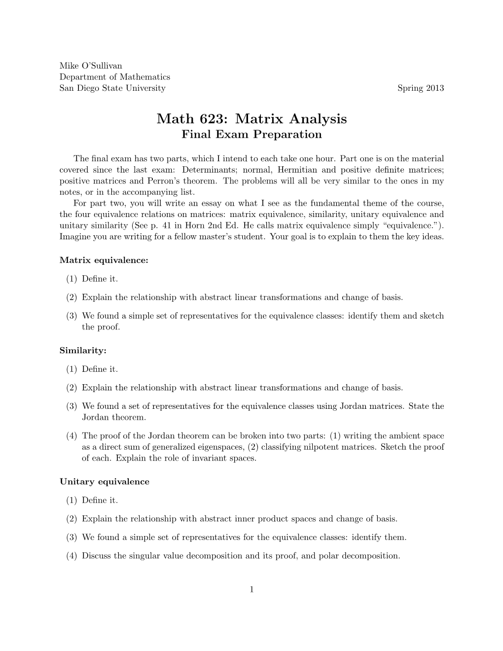 Math 623: Matrix Analysis Final Exam Preparation