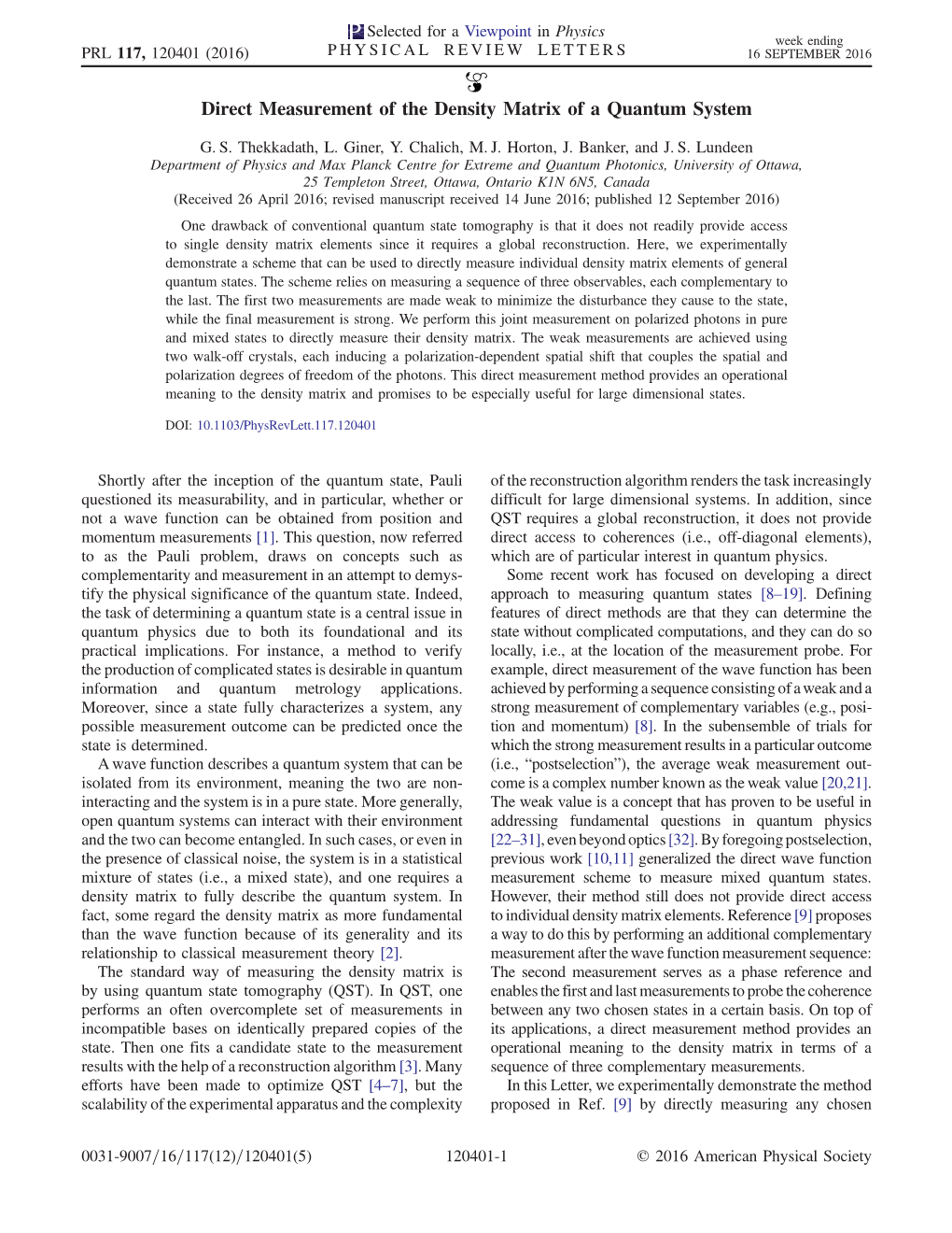 Direct Measurement of the Density Matrix of a Quantum System