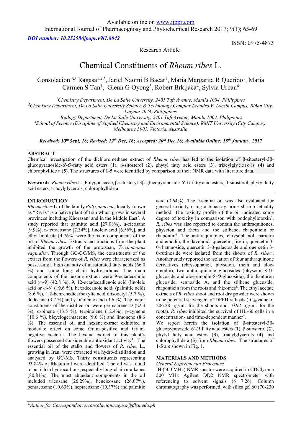 Chemical Constituents of Rheum Ribes L