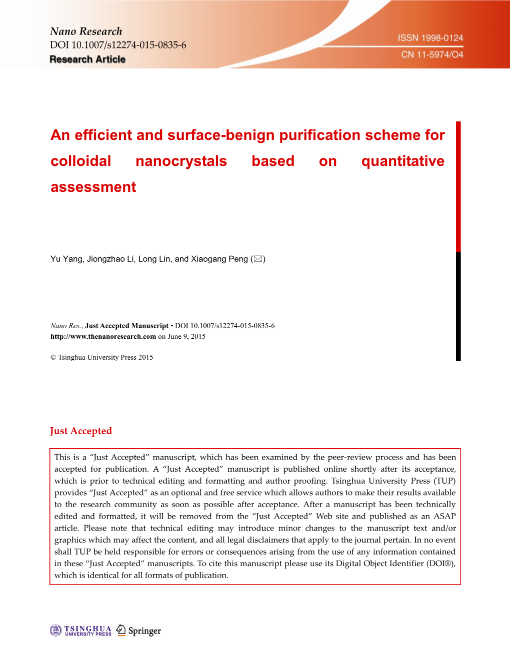 An Efficient and Surface-Benign Purification Scheme for Colloidal Nanocrystals Based on Quantitative Assessment