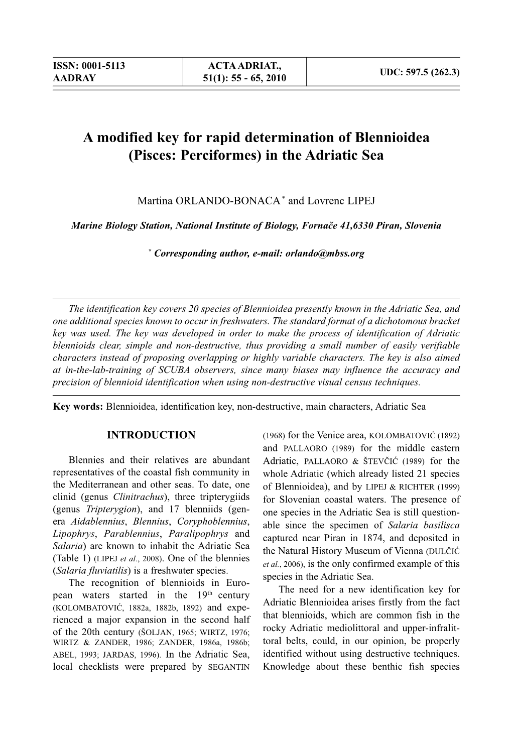 A Modified Key for Rapid Determination of Blennioidea (Pisces: Perciformes) in the Adriatic Sea