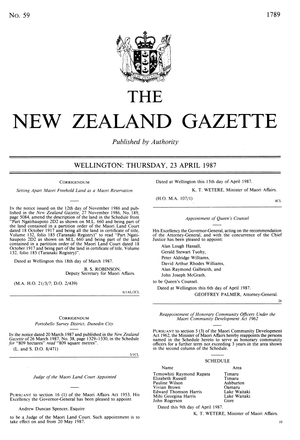 NEW ZEALAND GAZETTE Published by Authority