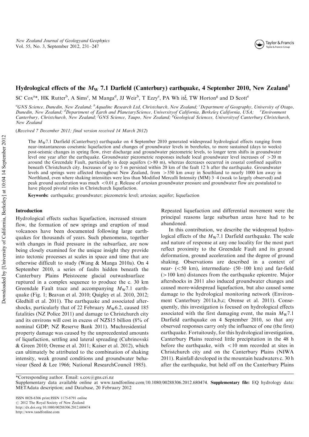 Hydrological Effects of the M W 7.1 Darfield (Canterbury) Earthquake, 4