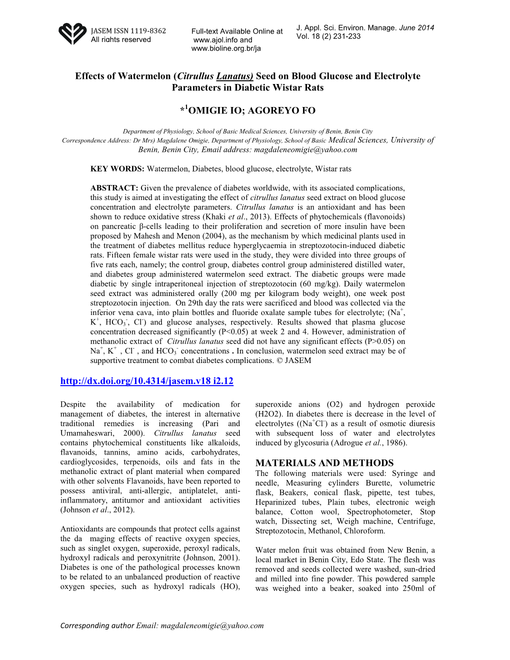 Effects of Watermelon (Citrullus Lanatus) Seed on Blood Glucose and Electrolyte Parameters in Diabetic Wistar Rats