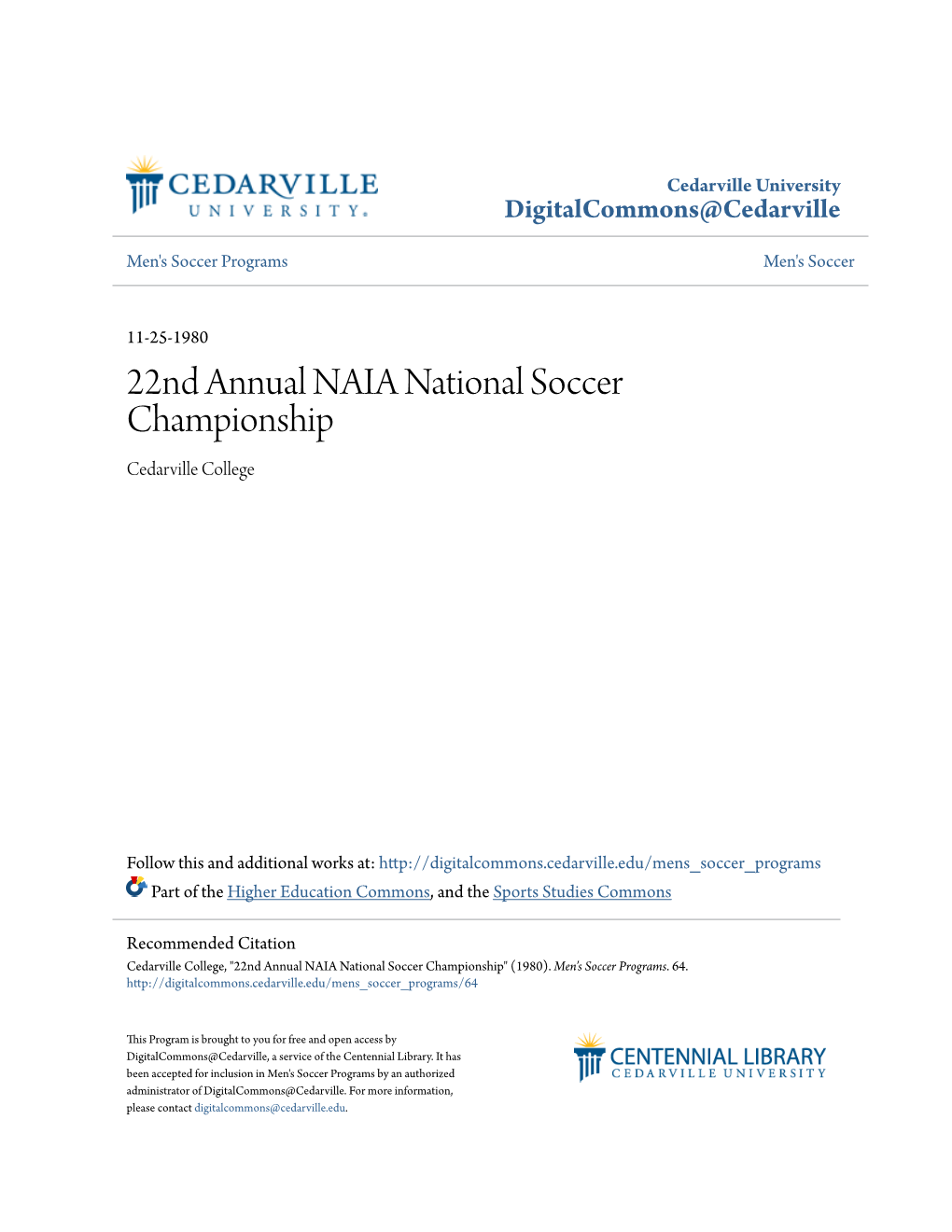 22Nd Annual NAIA National Soccer Championship Cedarville College