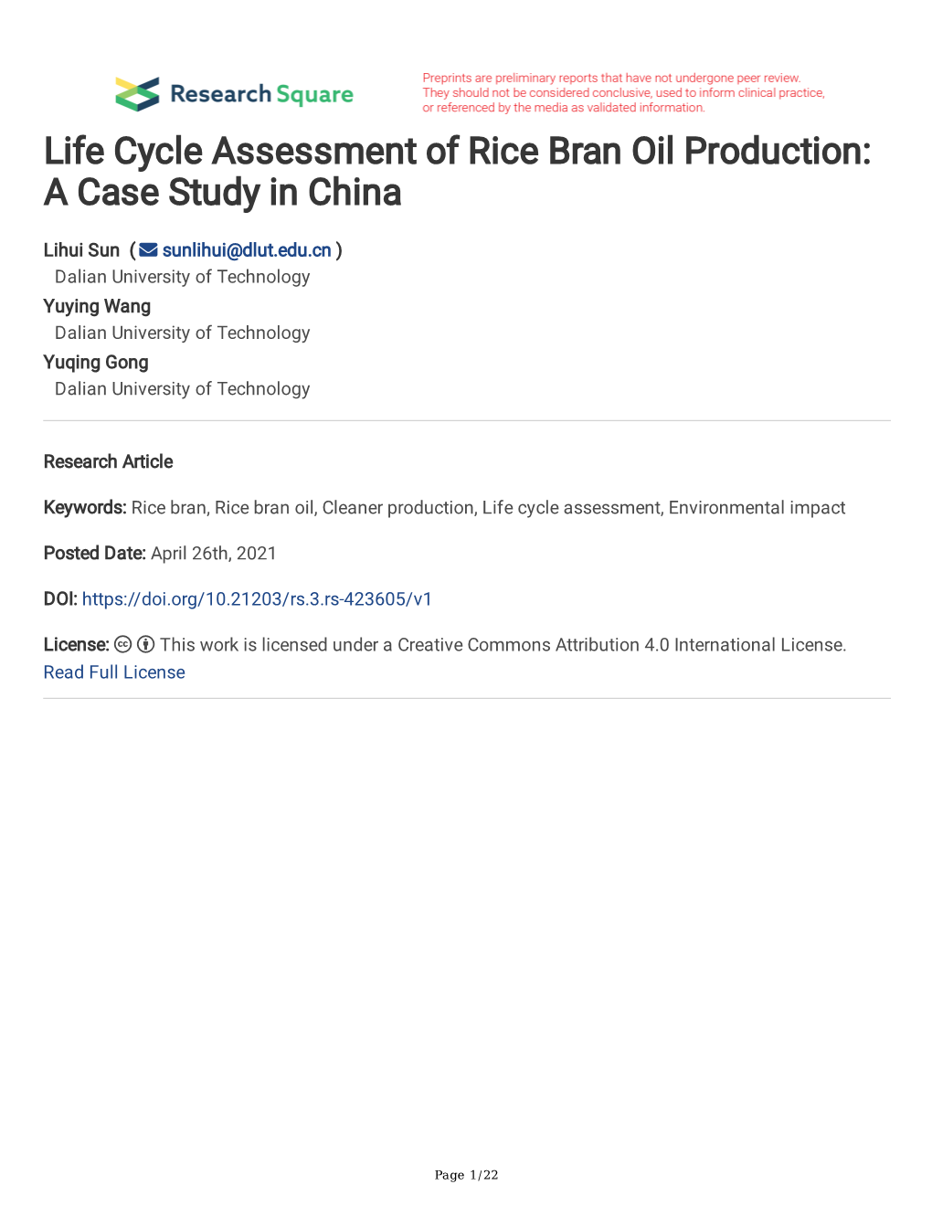 Life Cycle Assessment of Rice Bran Oil Production: a Case Study in China