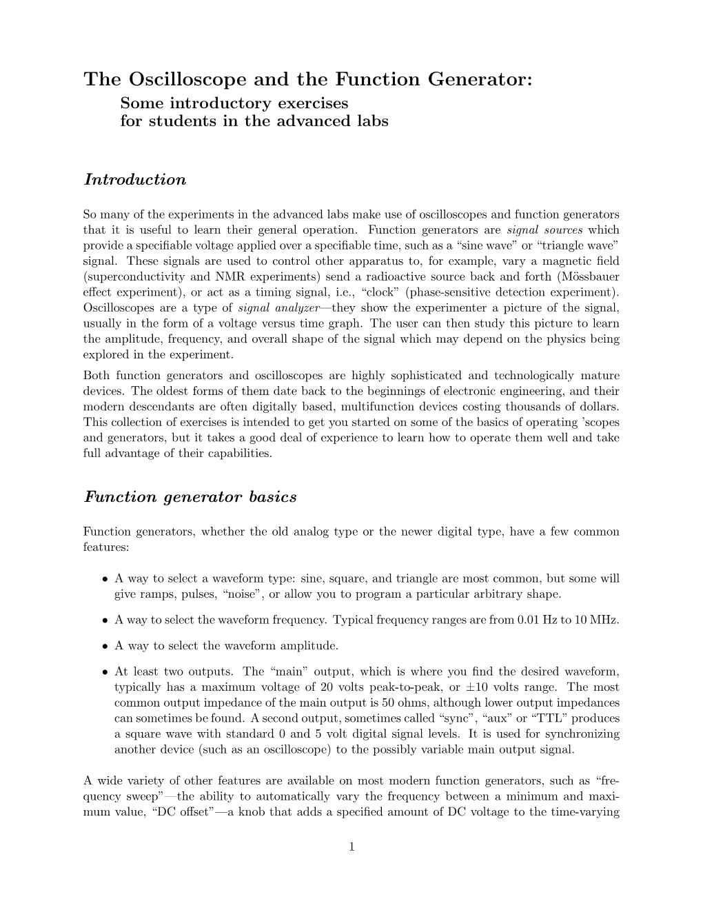 The Oscilloscope and the Function Generator: Some Introductory Exercises for Students in the Advanced Labs