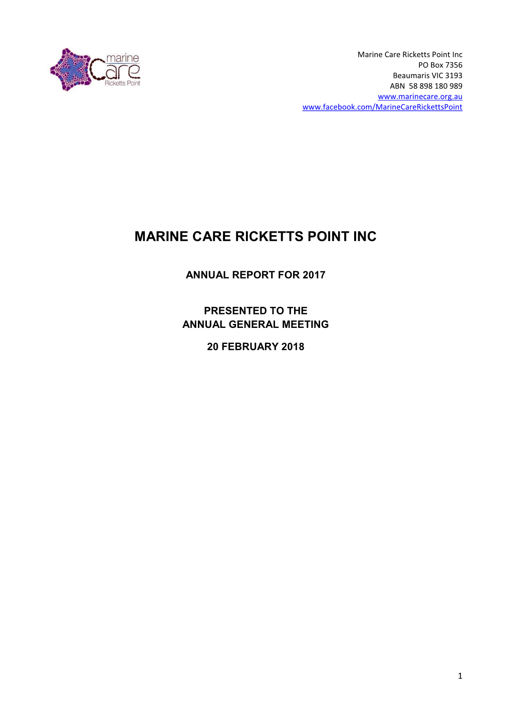 Marine Care Ricketts Point Inc PO Box 7356 Beaumaris VIC 3193 ABN 58 898 180 989