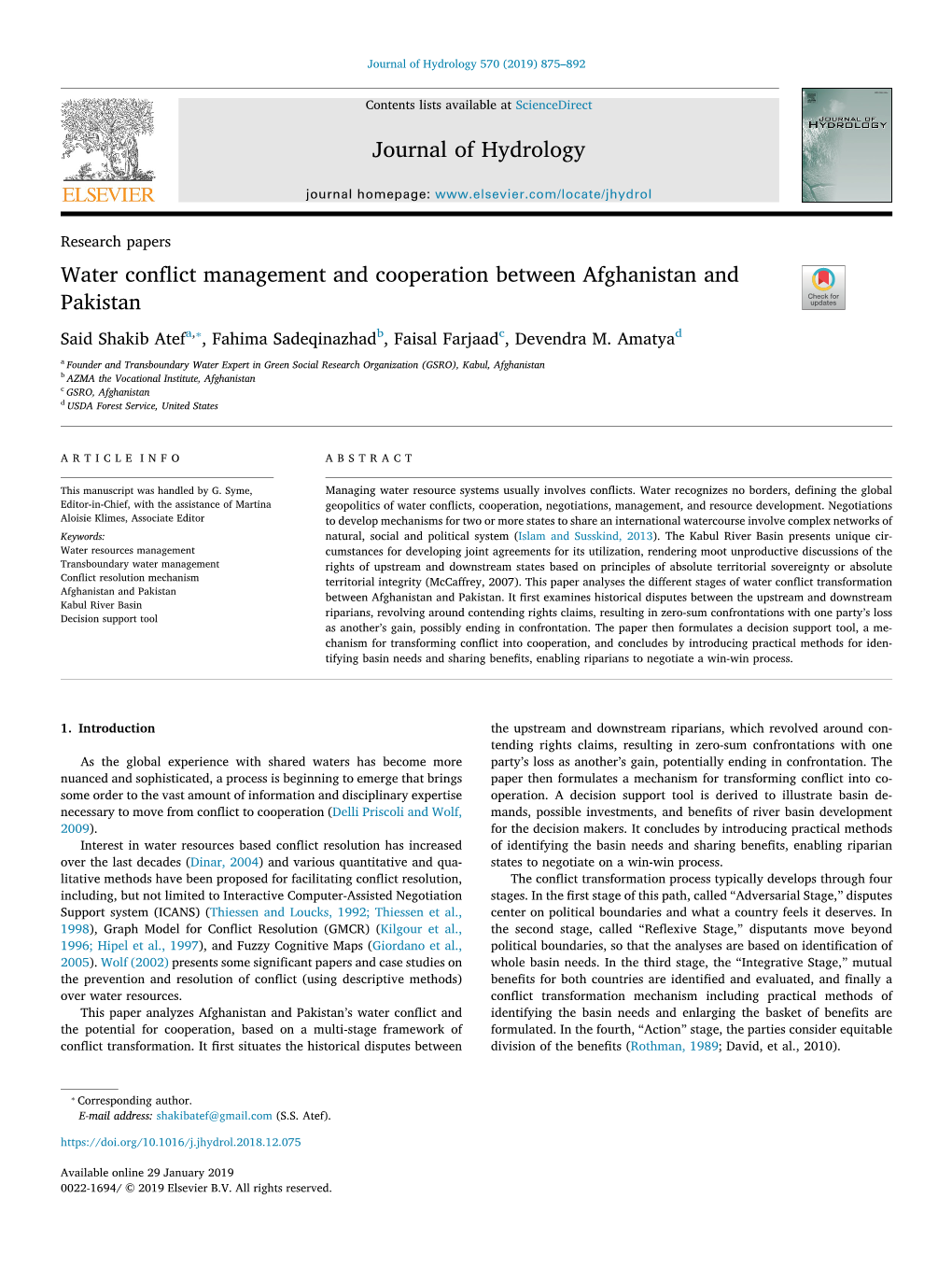 Water Conflict Management and Cooperation Between Afghanistan and Pakistan