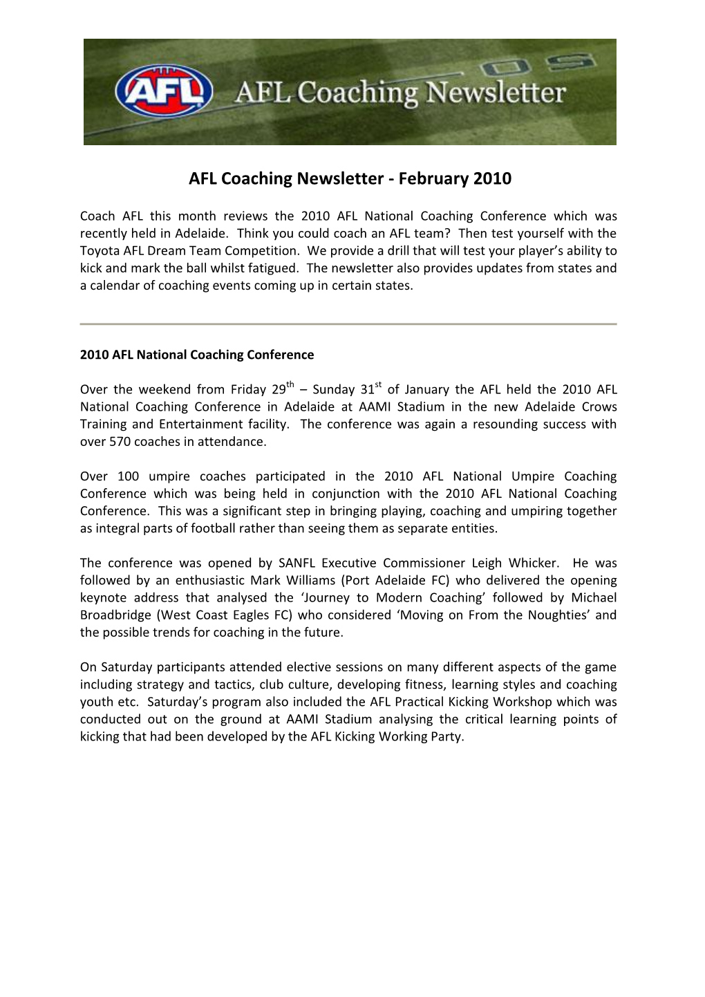 AFL Coaching Newsletter - February 2010