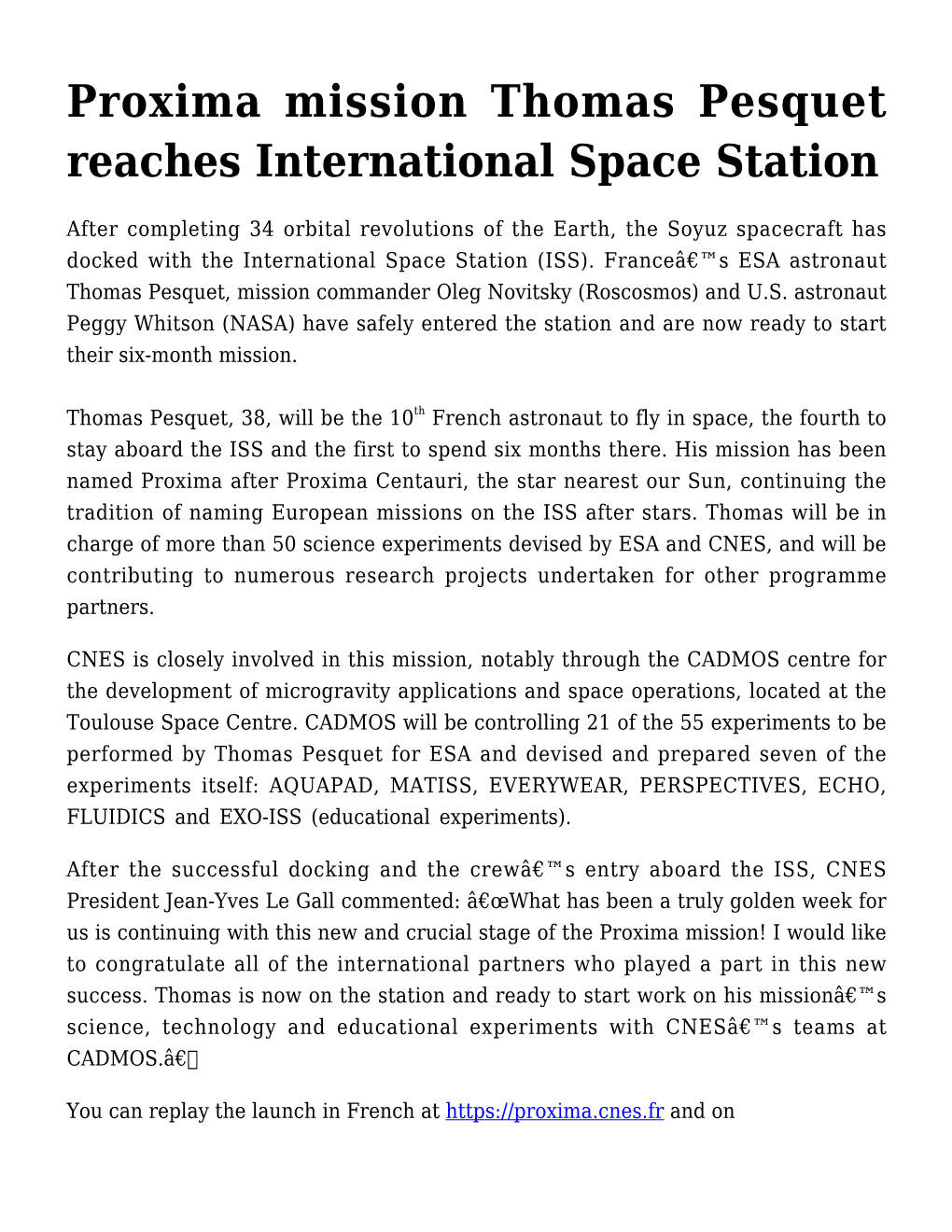 Proxima Mission Thomas Pesquet Reaches International Space Station