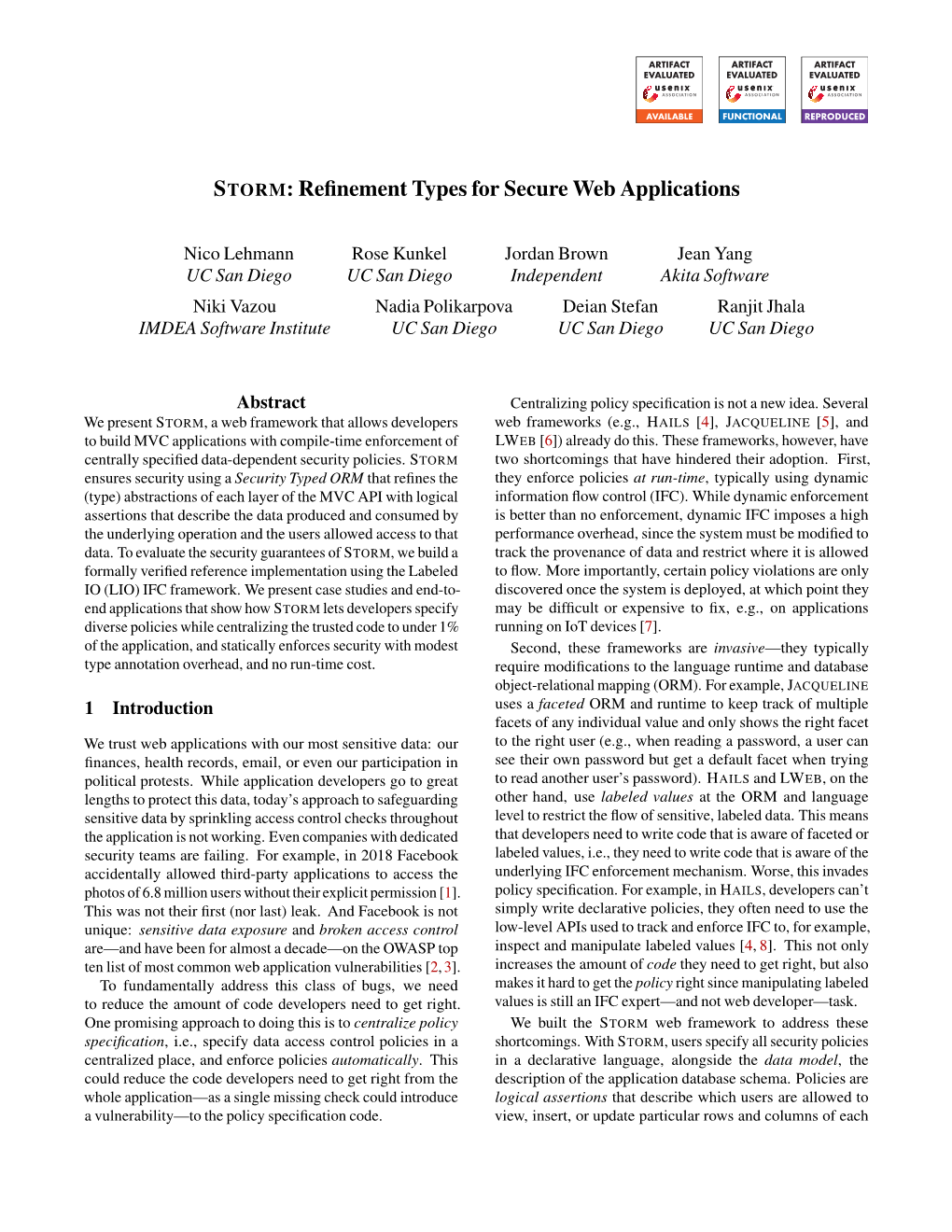 STORM: Refinement Types for Secure Web Applications