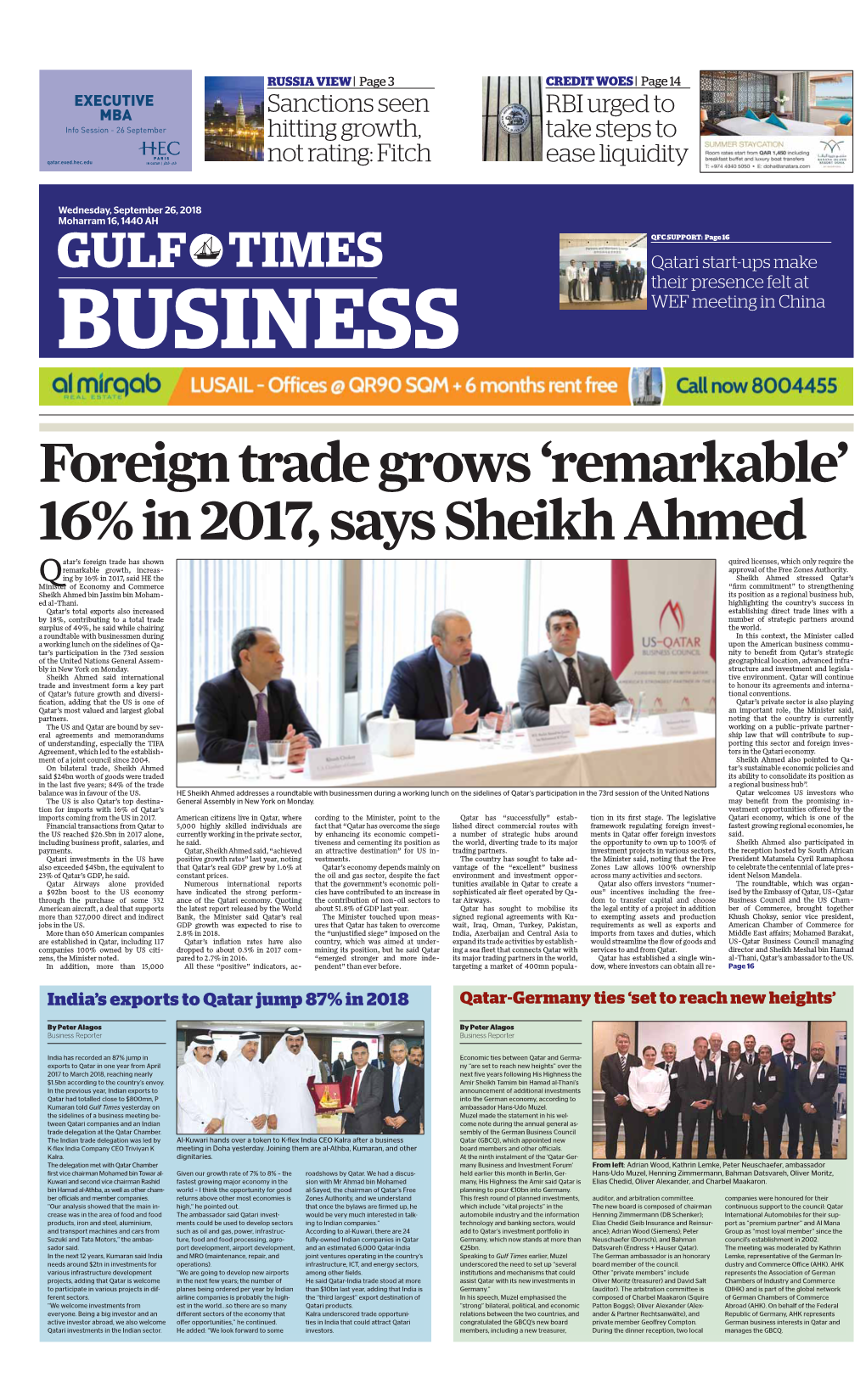 16% in 2017, Says Sheikh Ahmed Atar’S Foreign Trade Has Shown Quired Licenses, Which Only Require the Remarkable Growth, Increas- Approval of the Free Zones Authority