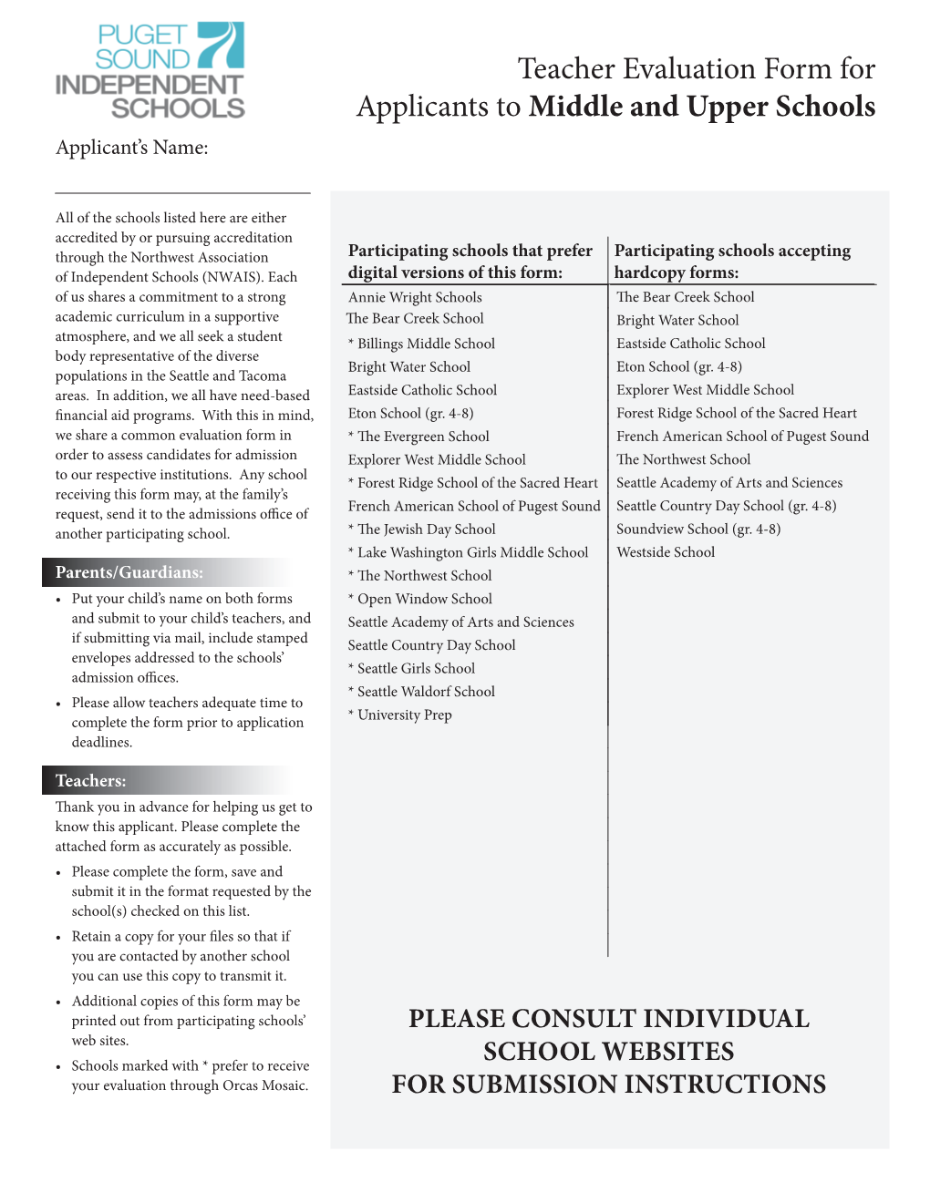 Teacher Evaluation Form for Applicants to Middle and Upper Schools Applicant’S Name