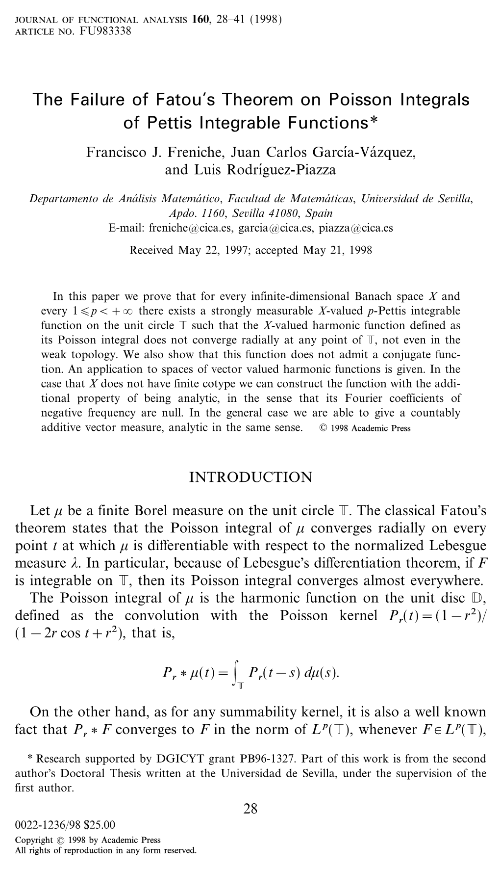 The Failure of Fatou's Theorem on Poisson Integrals of Pettis Integrable Functions* Francisco J