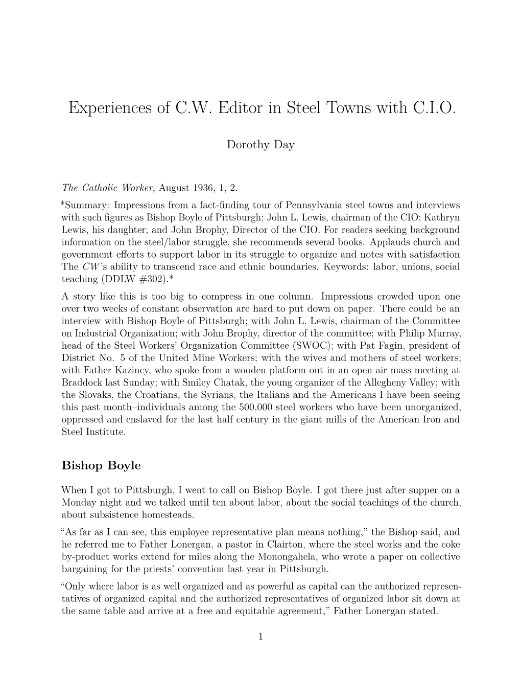 Experiences of C.W. Editor in Steel Towns with C.I.O