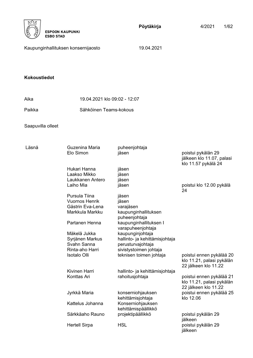 Pöytäkirja 4/2021 1/62 Kaupunginhallituksen