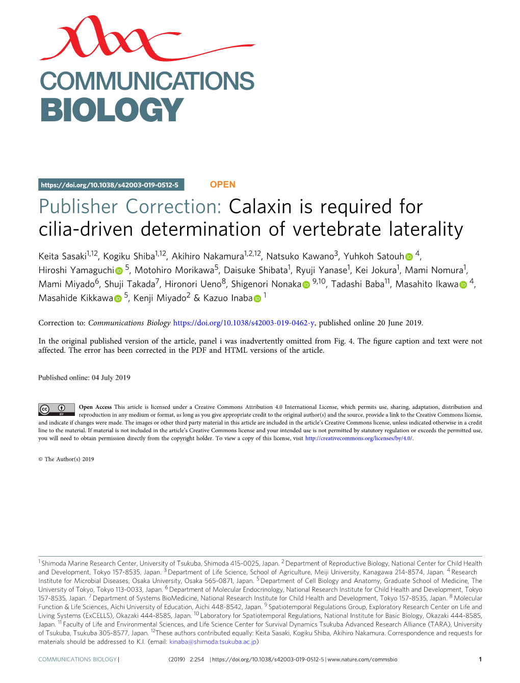 Publisher Correction: Calaxin Is Required for Cilia-Driven Determination of Vertebrate Laterality