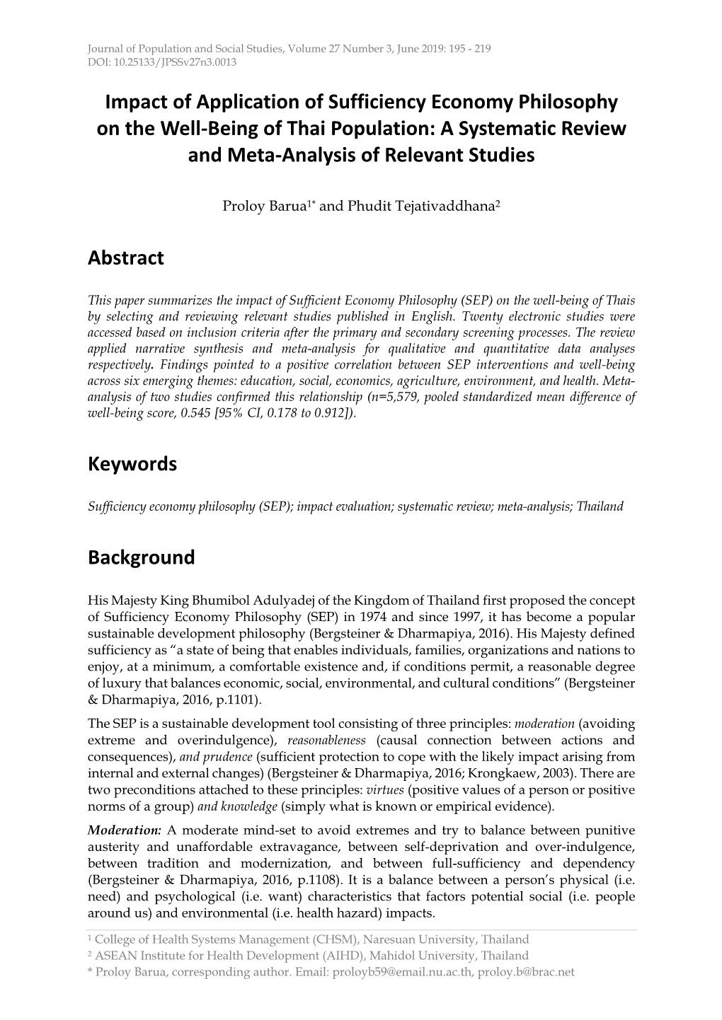 Impact of Application of Sufficiency Economy Philosophy on the Well‐Being of Thai Population: a Systematic Review and Meta‐Analysis of Relevant Studies