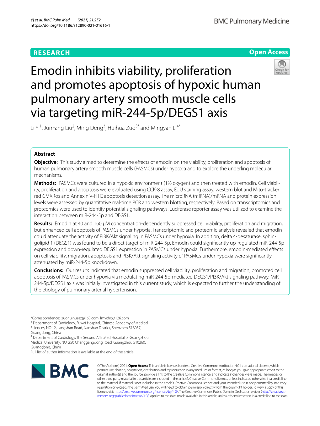 Emodin Inhibits Viability, Proliferation and Promotes Apoptosis of Hypoxic Human Pulmonary Artery Smooth Muscle Cells Via Target