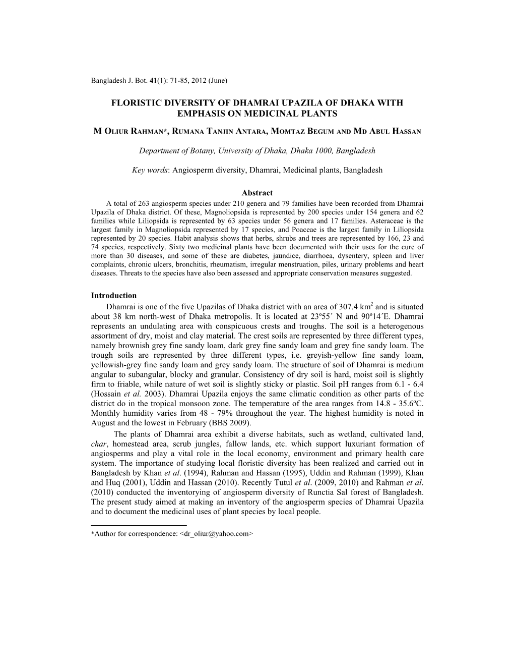 Floristic Diversity of Dhamrai Upazila of Dhaka with Emphasis on Medicinal Plants