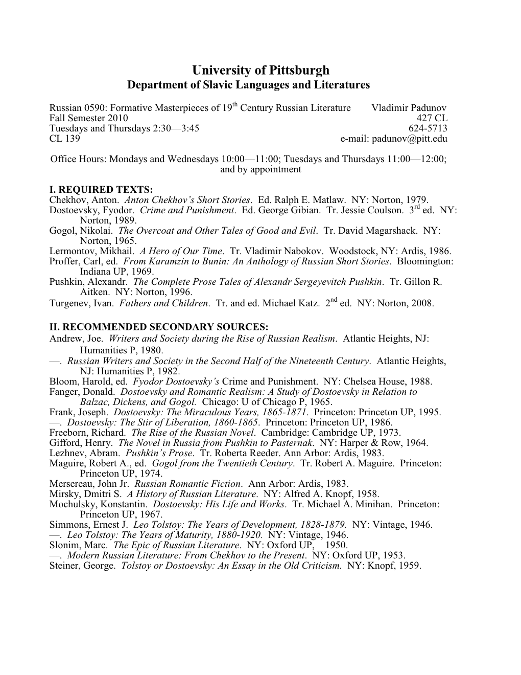 University of Pittsburgh Department of Slavic Languages and Literatures