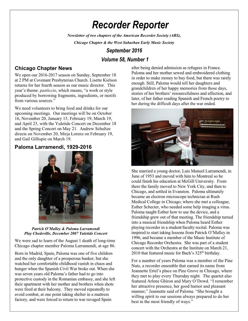 September 2016 Volume 58, Number 1 Chicago Chapter News After Being Denied Admission As Refugees in France