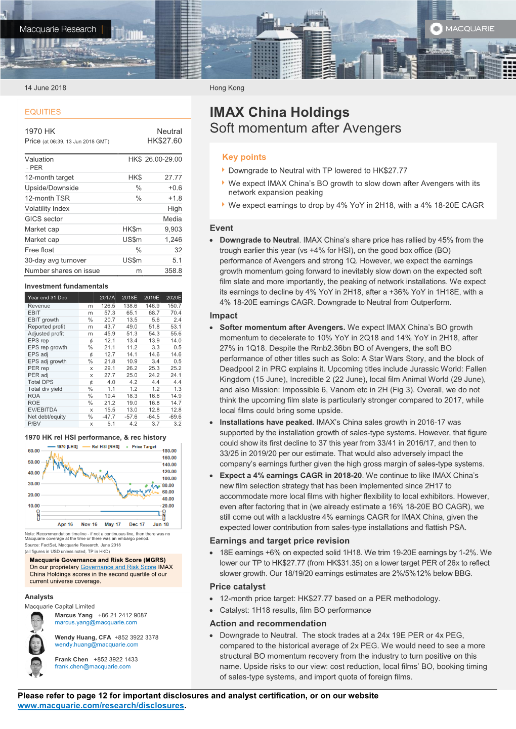 IMAX China Holdings Soft Momentum After Avengers