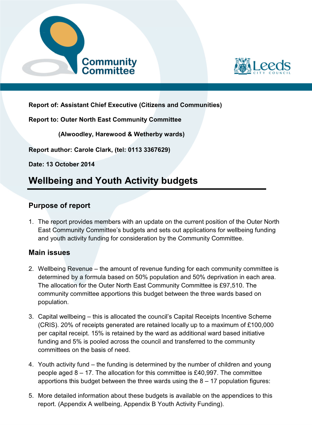 Wellbeing and Youth Activity Budgets