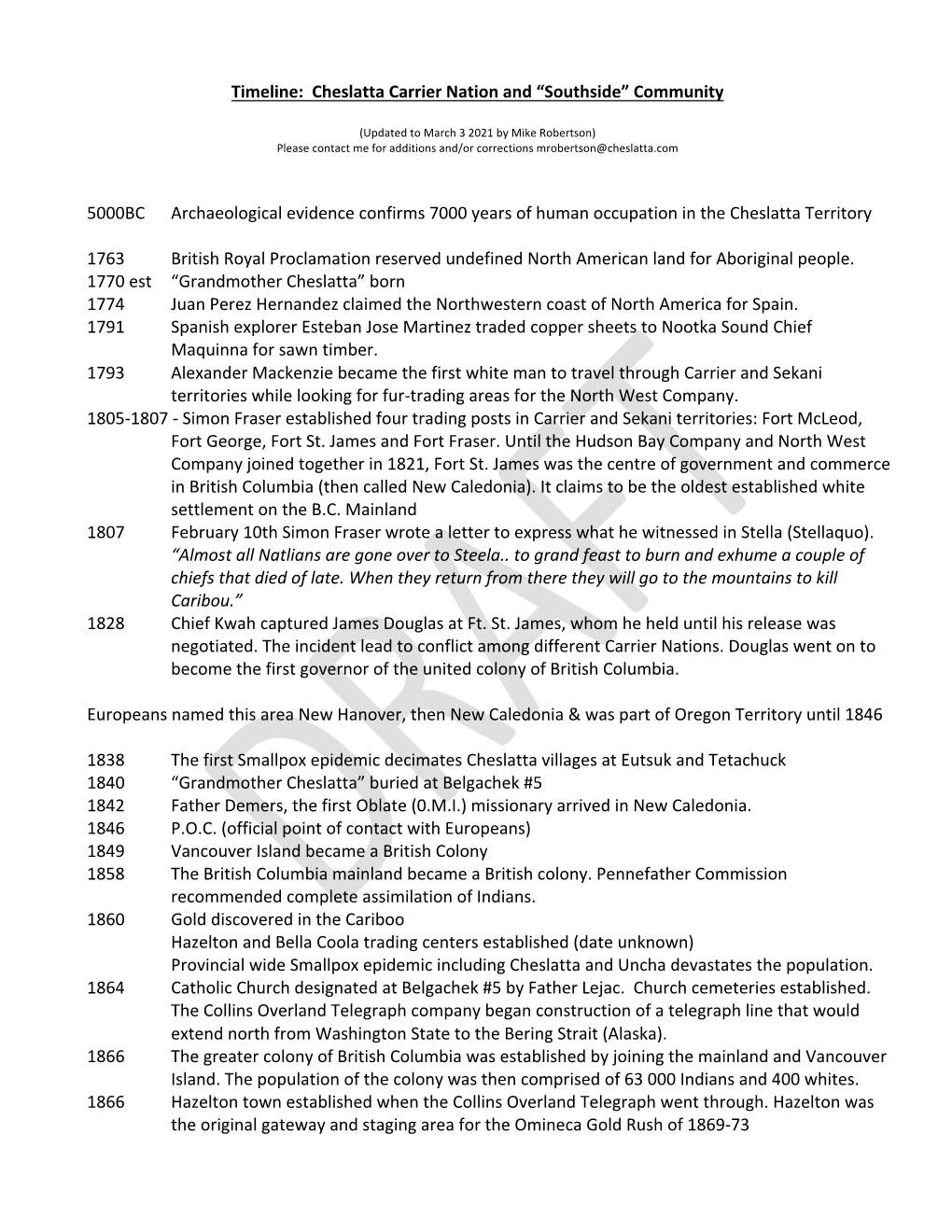 Timeline: Cheslatta Carrier Nation and “Southside” Community 5000BC