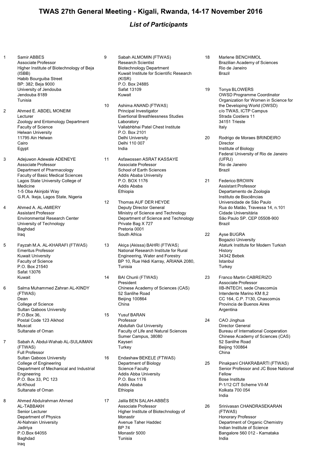 TWAS 27Th General Meeting - Kigali, Rwanda, 14-17 November 2016 List of Participants