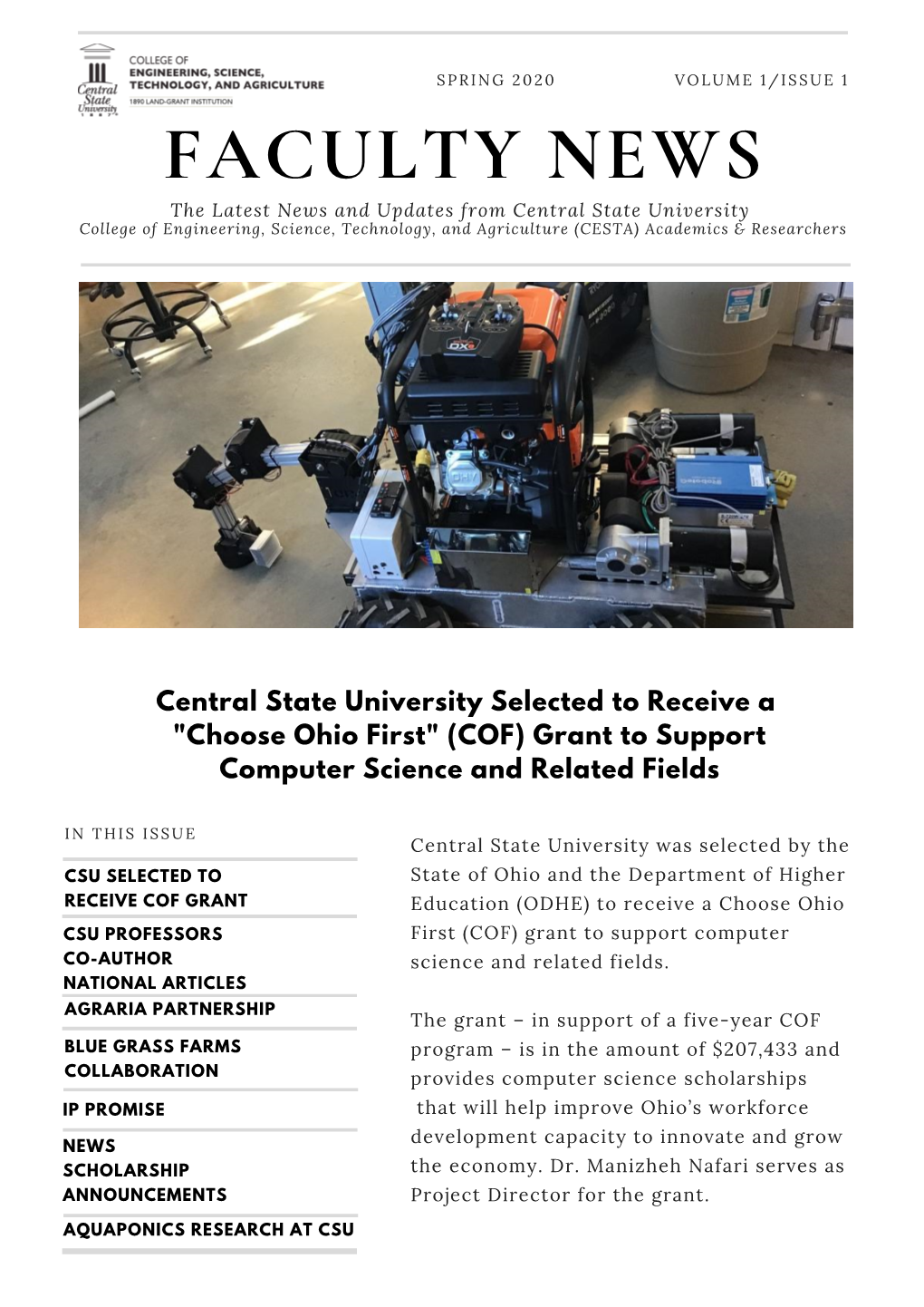 FACULTY NEWS the Latest News and Updates from Central State University College of Engineering, Science, Technology, and Agriculture (CESTA) Academics & Researchers