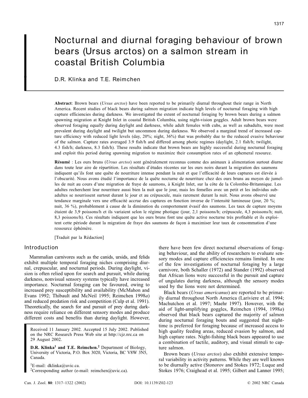 Nocturnal and Diurnal Foraging Behaviour of Brown Bears (Ursus Arctos) on a Salmon Stream in Coastal British Columbia