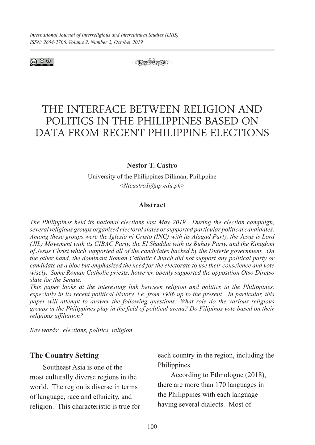 The Interface Between Religion and Politics in the Philippines Based on Data from Recent Philippine Elections