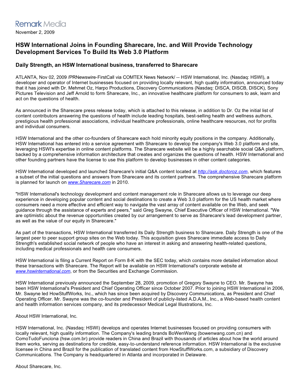 HSW International Joins in Founding Sharecare, Inc. and Will Provide Technology Development Services to Build Its Web 3.0 Platform