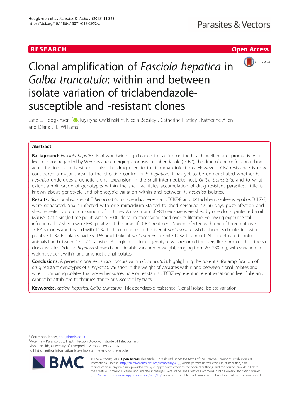 Clonal Amplification of Fasciola Hepatica in Galba Truncatula: Within and Between Isolate Variation of Triclabendazole- Susceptible and -Resistant Clones Jane E