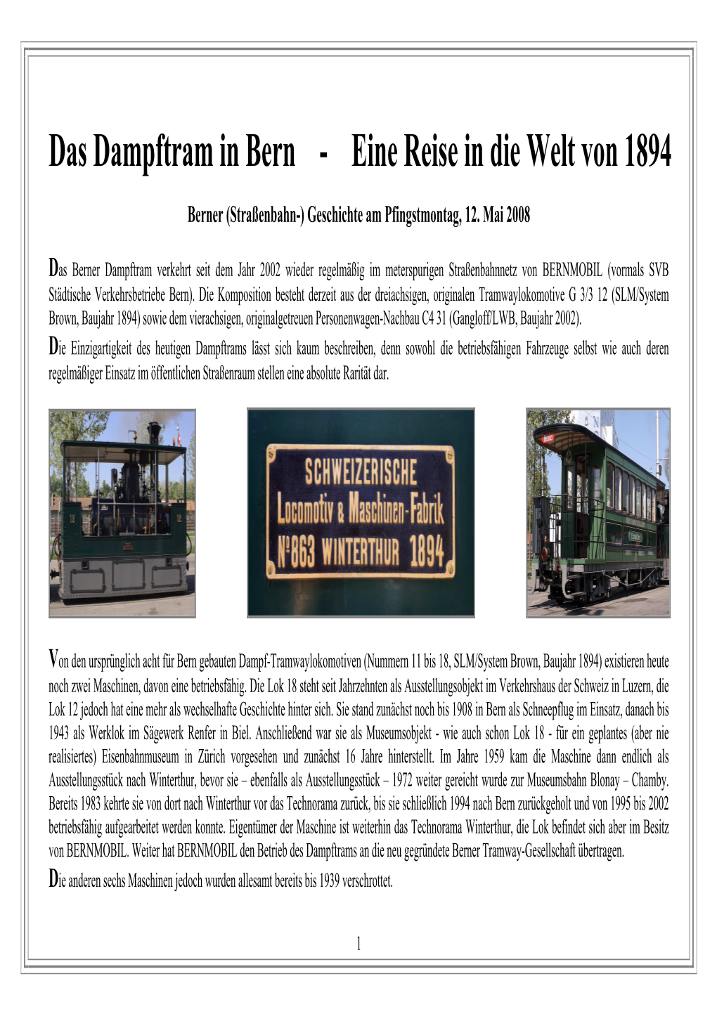 Das Dampftram in Bern - Eine Reise in Die Welt Von 1894