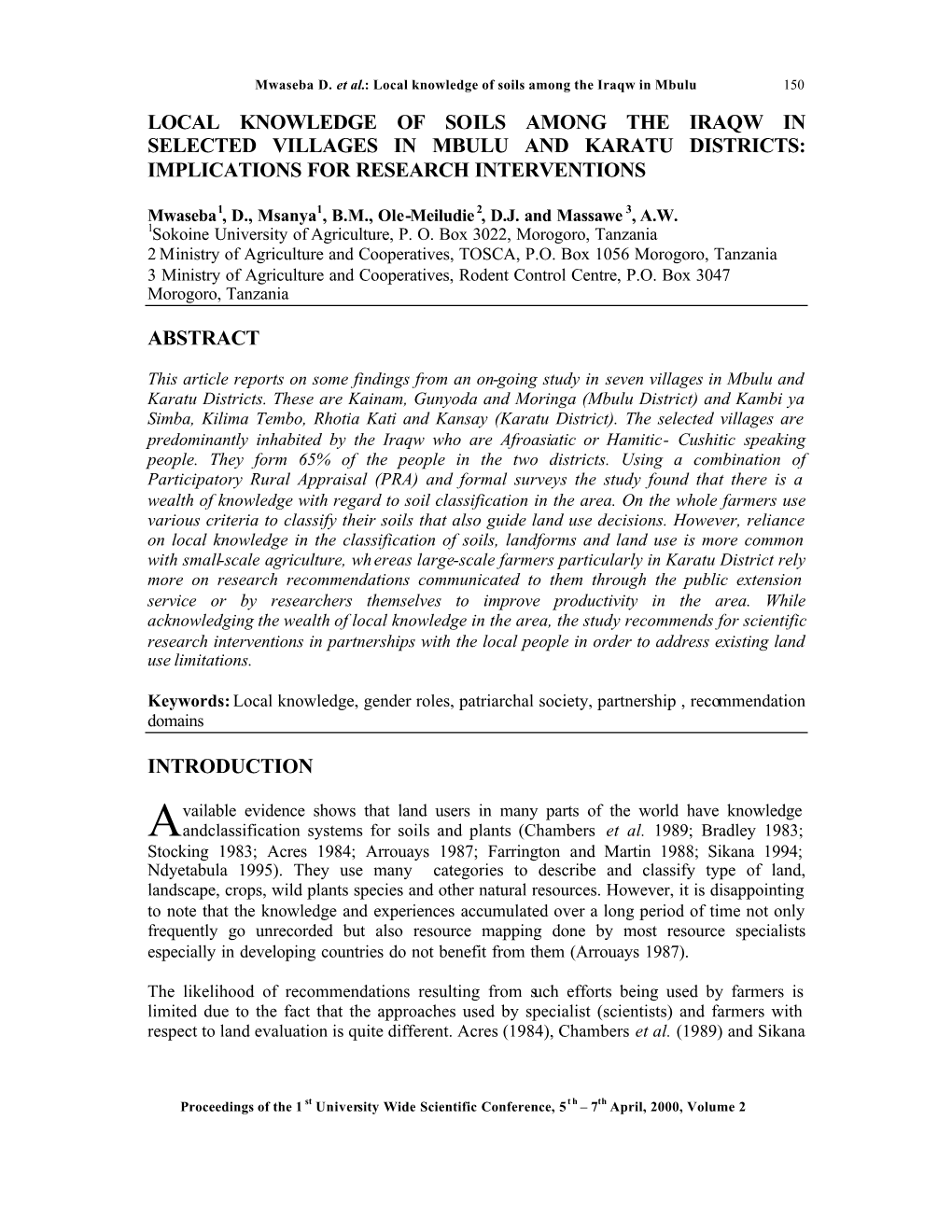 Local Knowledge of Soils Among the Iraqw in Selected Villages in Mbulu and Karatu Districts: Implications for Research Interventions