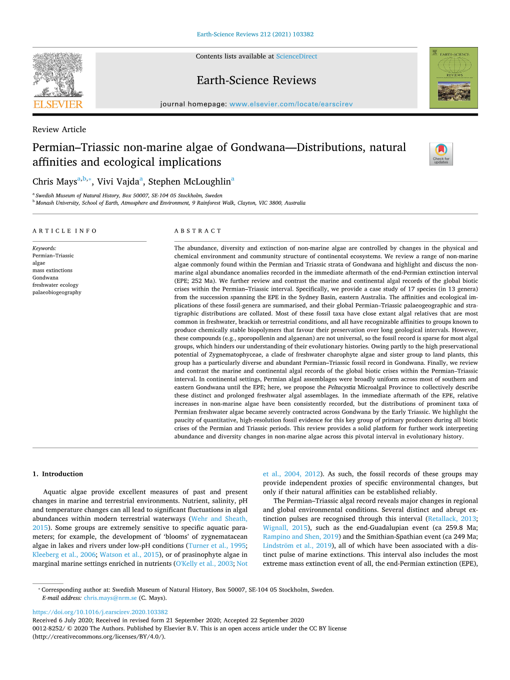 Permian–Triassic Non-Marine Algae of Gondwana—Distributions